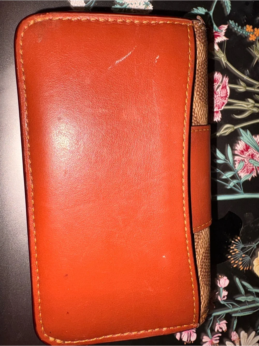 Coach Brown Signature Canvas Phone Folio with Orange Leather Band